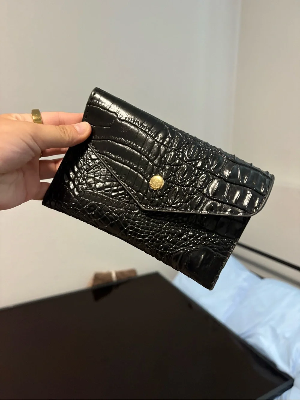 Black Croc-Embossed Envelope Clutch - Unbranded